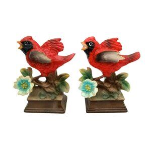 Bird Figurines Cardinals Hand Painted Ceramic Perched Flower Vintage Pair 4.25"